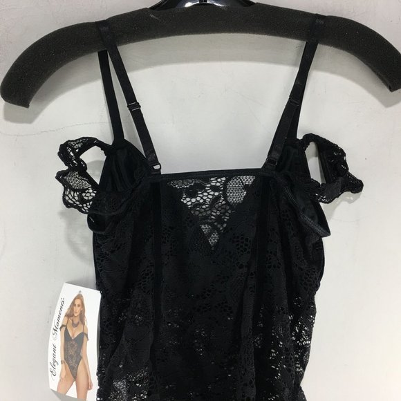 Elegant Moments Off the Shoulder Deep V Lace Bodysuit, Women's Size 2X - Black - Picture 11 of 12